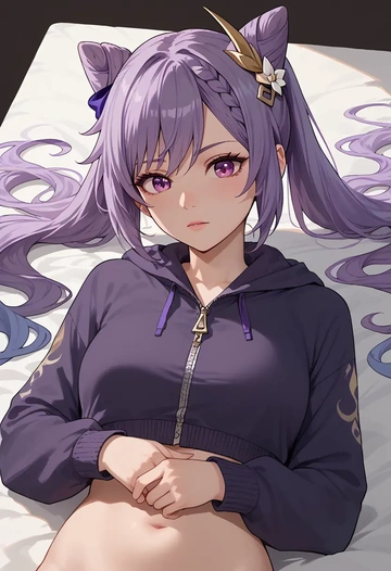 genshin impact,keqing_(genshin_impact),crop hoodie,shorts  - AI generated anime art