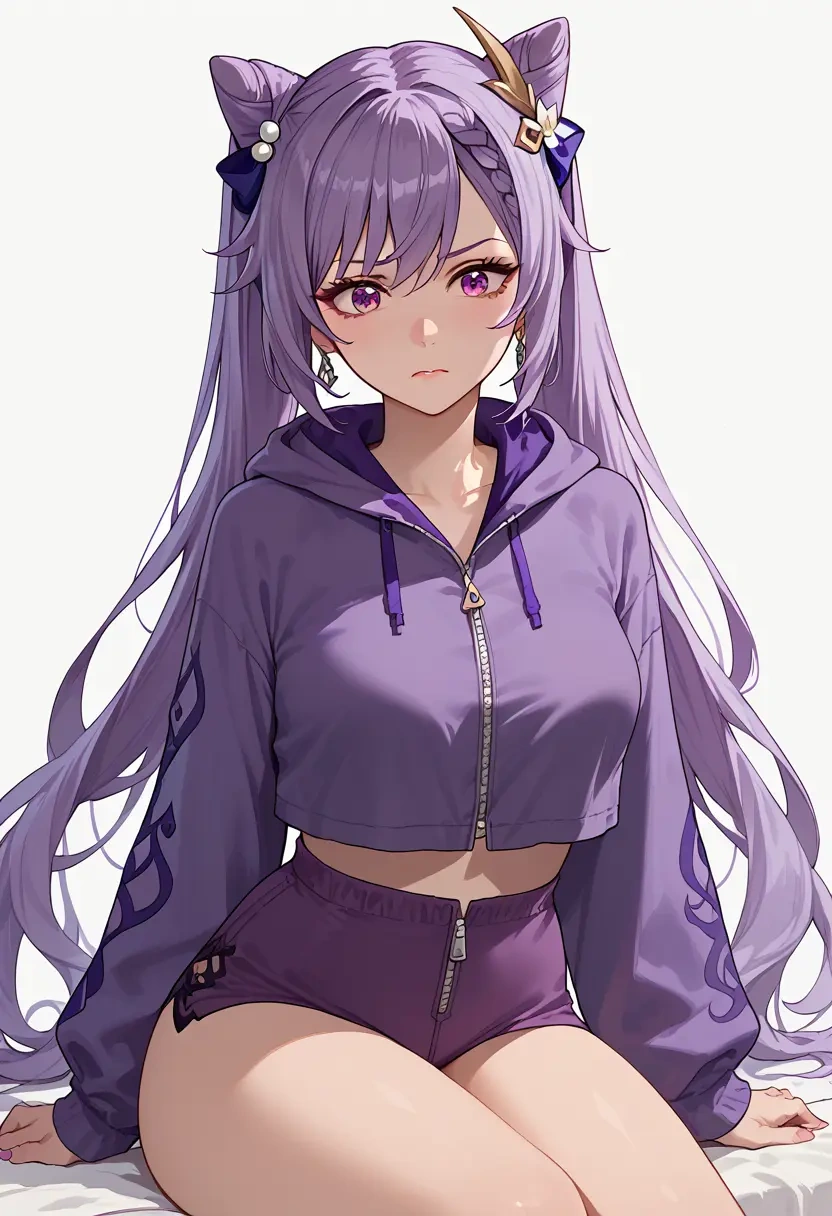 genshin impact,keqing_(genshin_impact),crop hoodie,shorts  - 