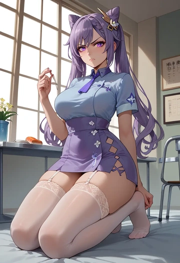 genshin impact,keqing,nurse pantyhose,mini skirt, sexy  - AI generated anime art