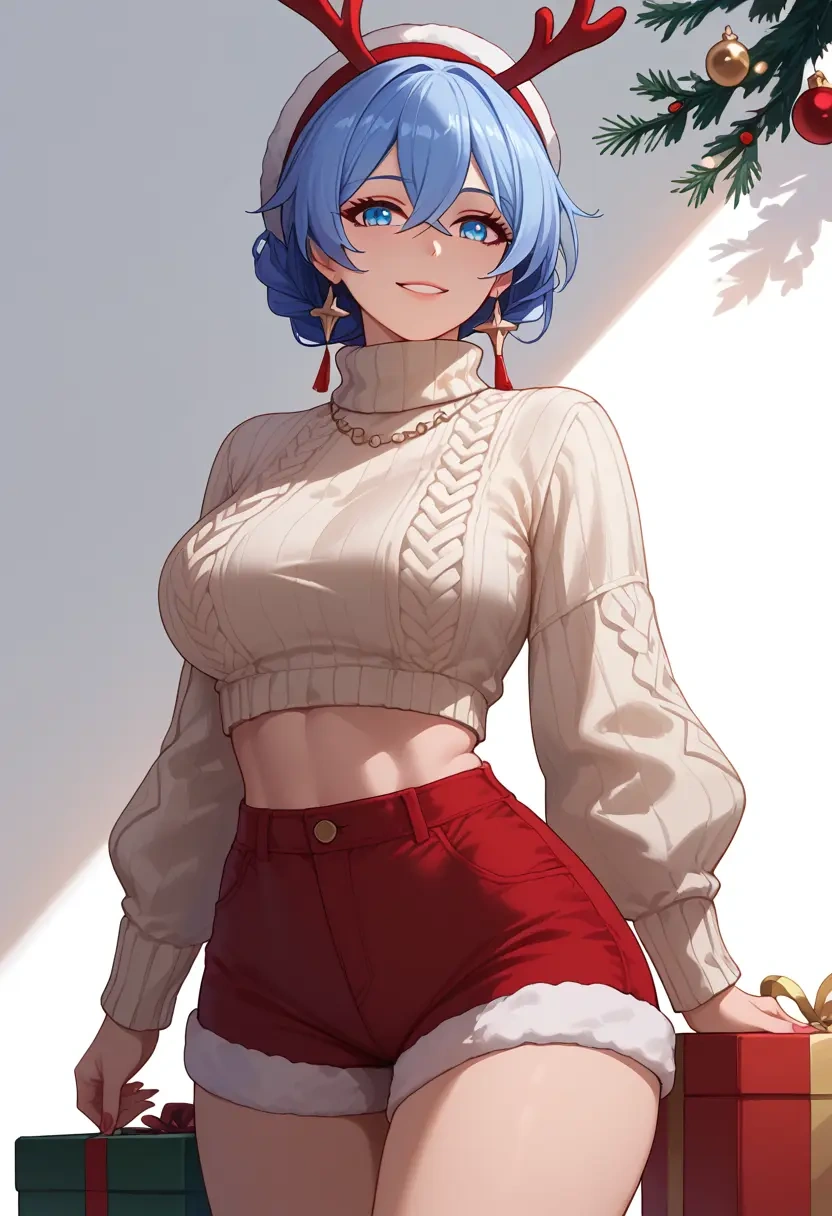 honkai_(series),kiana_kaslana,Christmas,red velvet shorts,turtleneck sweater  - 