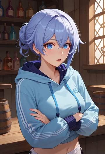 honkai_(series),kiana_kaslana,hoodie,cropped,high-waisted joggers  - AI generated anime art