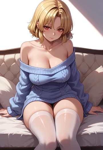 touhou,kicchou_yachie,cross-legged,Head resting on hand,off-shoulder,sweater  - AI generated anime art