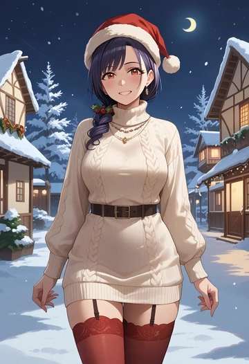 idolmaster,kikuchi_makoto,Christmas,sweater dress,stockings  - AI generated anime art