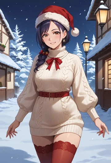 idolmaster,kikuchi_makoto,Christmas,sweater dress,stockings  - AI generated anime art