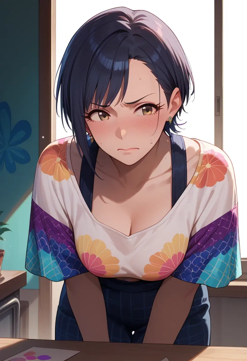 idolmaster,kikuchi_makoto,paint-splatter blouse,dolphin shorts  - 