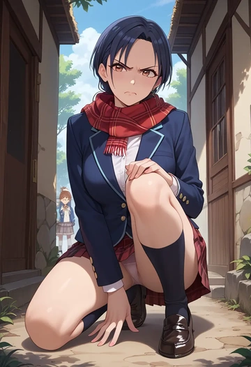 idolmaster,kikuchi_makoto,winter,student uniform,plaid skirt  - AI generated anime art