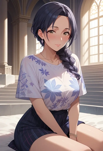 idolmaster,kikuchi_makoto,handwritten script shirt,dolphin shorts  - AI generated anime art