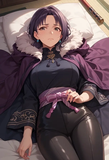 idolmaster,kikuchi_makoto,cape,hooded,leather pants  - AI generated anime art