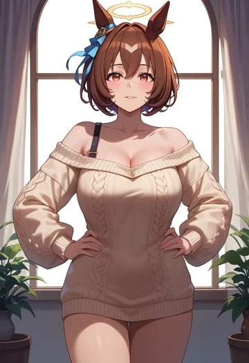 umamusume,king_halo_(umamusume),Hands on hips,off-shoulder,sweater  - AI generated anime art