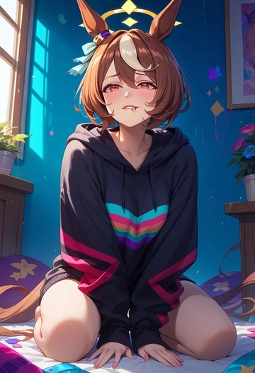 umamusume,king_halo_(umamusume),oversized graphic hoodie,thigh-high socks,shorts  - AI generated anime art