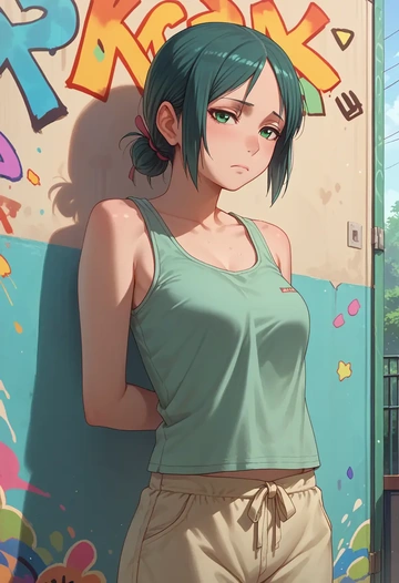 kino_no_tabi,kino_(kino_no_tabi),abstract graffiti tank,dolphin shorts  - AI generated anime art