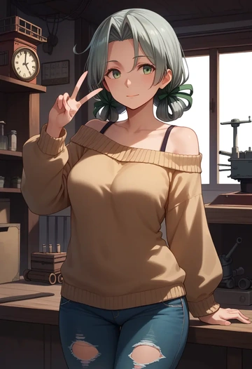 kantai_collection,kinugasa_(kancolle),sweater,off-shoulder,ripped jeans  - AI generated anime art