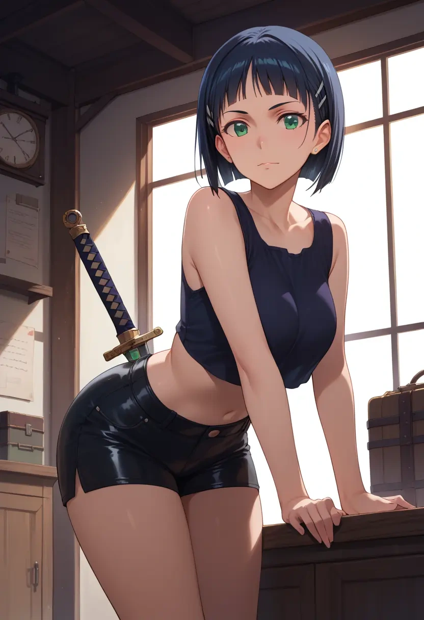 sword_art_online,kirigaya_suguha,leather,shorts,crop top  - 