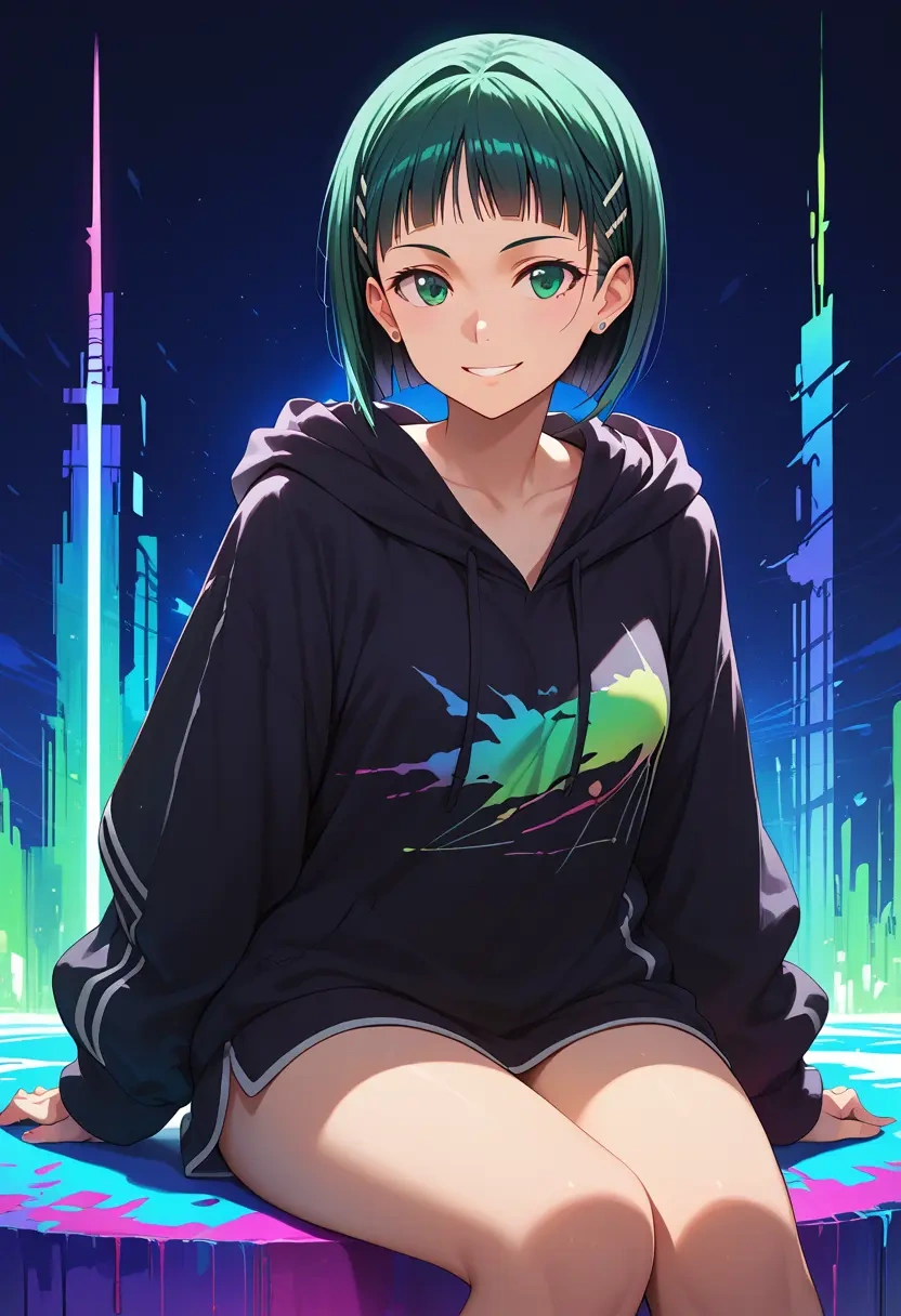 sword_art_online,kirigaya_suguha,oversized graphic hoodie,thigh-high socks,shorts  - 