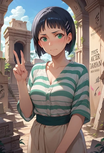 sword_art_online,kirigaya_suguha,striped graffiti blouse,dolphin shorts  - AI generated anime art