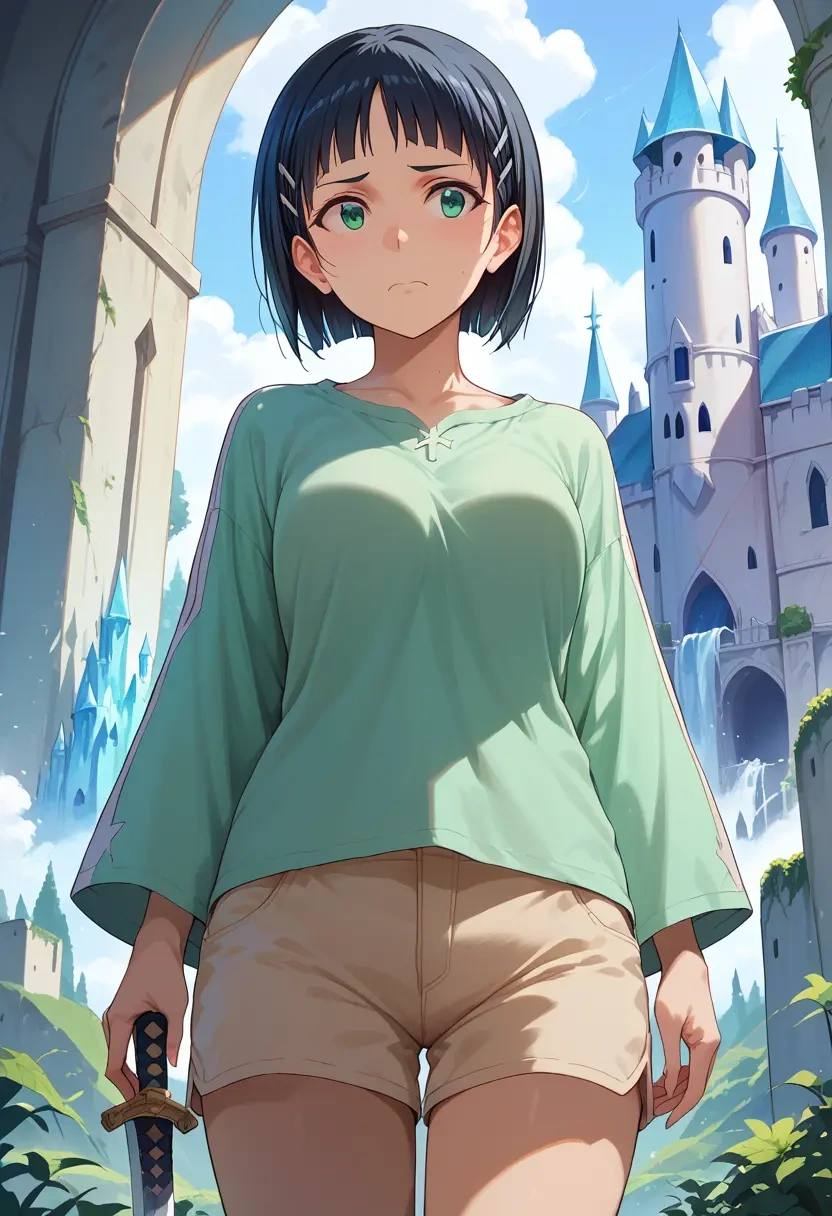 sword_art_online,kirigaya_suguha,graphic tee,shorts,sneakers  - 