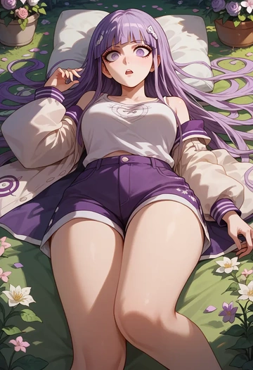 danganronpa_(series),kirigiri_kyoko,graphic tee,shorts,sneakers  - AI generated anime art