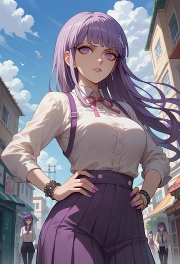 danganronpa_(series),kirigiri_kyoko,mesh graffiti top,dolphin shorts  - AI generated anime art