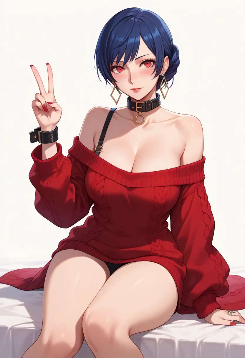 persona,kirijou_mitsuru,blushing,collar,peace sign,off-shoulder,sweater  - 