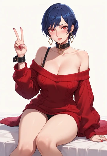 persona,kirijou_mitsuru,blushing,collar,peace sign,off-shoulder,sweater  - AI generated anime art