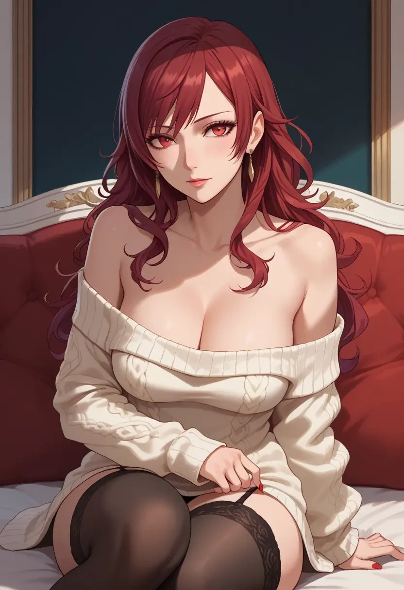 persona,kirijou_mitsuru,cross-legged,Head resting on hand,off-shoulder,sweater  - 