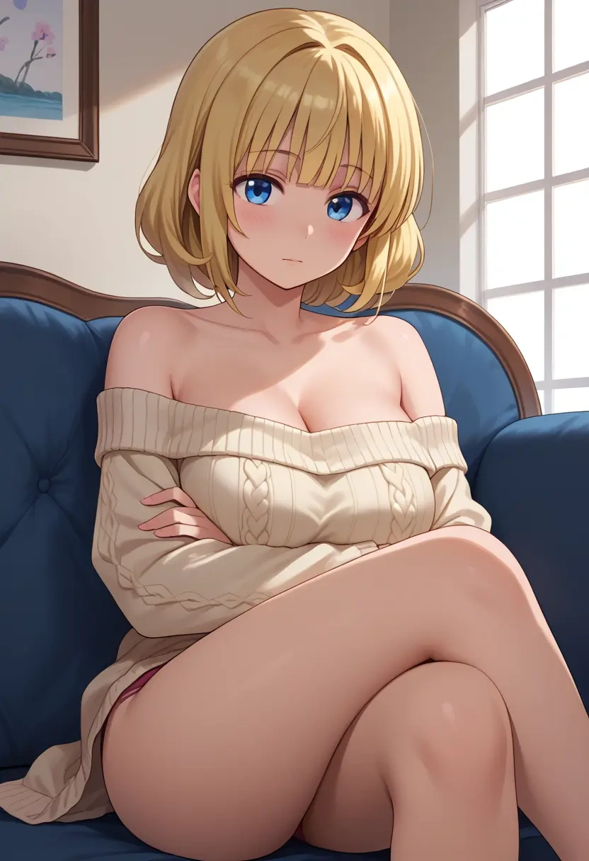 gochuumon_wa_usagi_desu_ka?,kirima_syaro,arms crossed,off-shoulder,sweater,cross-legged  - 