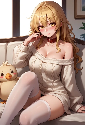 touhou,kirisame_marisa,blushing,collar,off-shoulder,sweater,stockings  - AI generated anime art