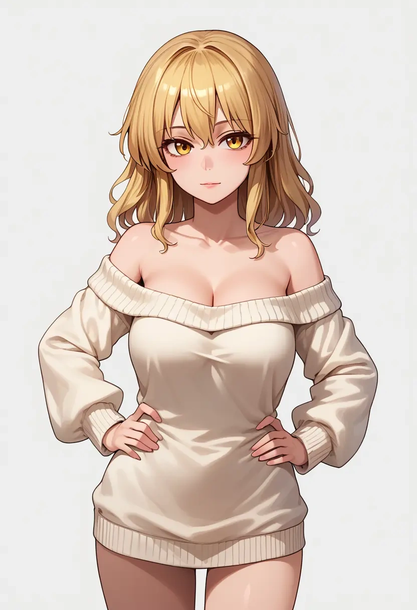 touhou,kirisame_marisa,Hands on hips,off-shoulder,sweater  - 