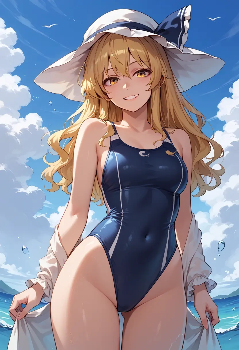 touhou,kirisame_marisa,racerback swimsuit,striped trim,name tag patch  - 