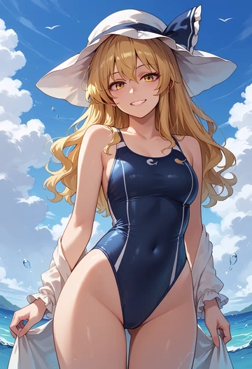 touhou,kirisame_marisa,racerback swimsuit,striped trim,name tag patch  - AI generated anime art