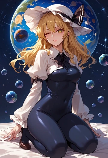 touhou,kirisame_marisa,black widow bodysuit,spiderweb cape,leather gloves  - AI generated anime art