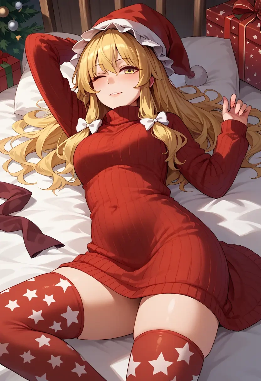 touhou,kirisame_marisa,Christmas,sweater dress,stockings  - 