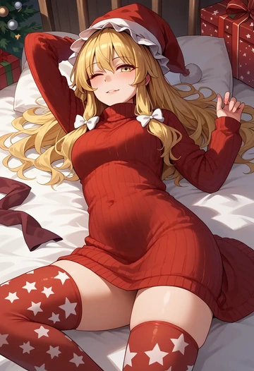 touhou,kirisame_marisa,Christmas,sweater dress,stockings  - AI generated anime art