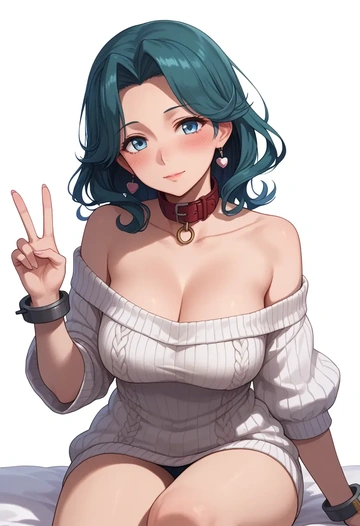 kantai_collection,kirishima_(kancolle),blushing,collar,peace sign,off-shoulder,sweater  - AI generated anime art