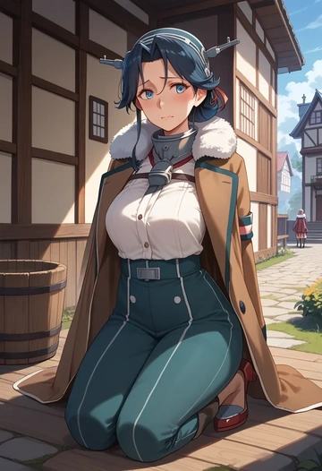 kantai_collection,kirishima_(kancolle),coat,fur-collar,tailored trousers  - AI generated anime art