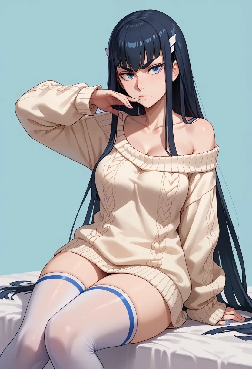 kill_la_kill,kiryuuin_satsuki,cross-legged,off-shoulder,sweater,stockings  - 