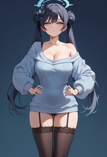 blue_archive,kisaki_(blue_archive),Hands on hips,off-shoulder,sweater,stockings  - AI generated anime art