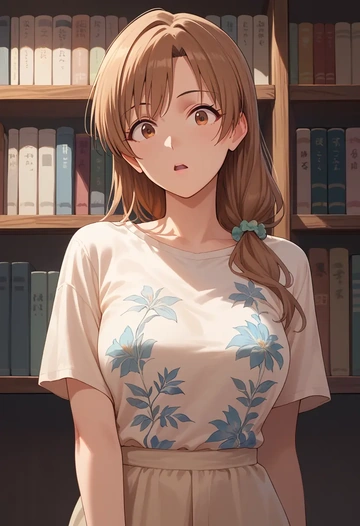 idolmaster,kisaragi_chihaya,handwritten script shirt,dolphin shorts  - AI generated anime art