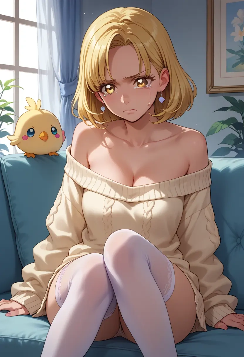 precure,kise_yayoi,Pouting ,Teary-eyed,off-shoulder,sweater  - 