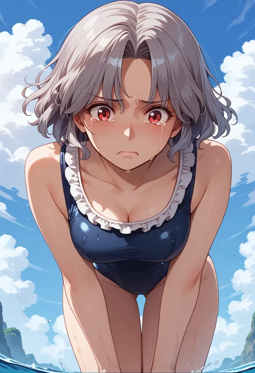 touhou,kishin_sagume,retro style swimsuit,frilled neckline,bow detail  - 