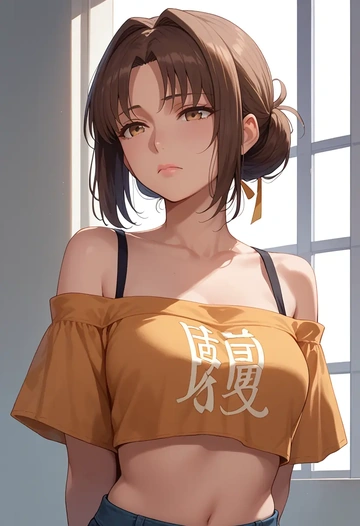 fate_(series),kishinami_hakuno_(female),off-shoulder top,dolphin shorts  - AI generated anime art