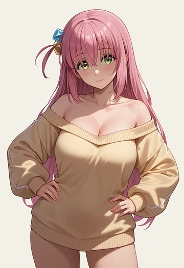 bocchi_the_rock!,kita_ikuyo,Hands on hips,off-shoulder,sweater  - AI generated anime art