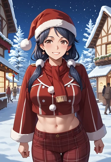 kantai_collection,kitakami_(kancolle),Christmas,plaid trousers  - AI generated anime art