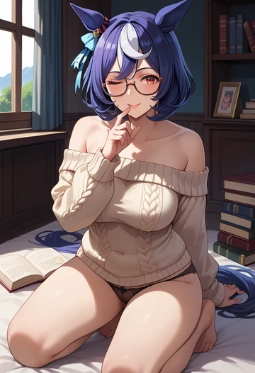 umamusume,kitasan_black_(umamusume),sweater,panties,off-shoulder,glasses,sexy  - AI generated anime art