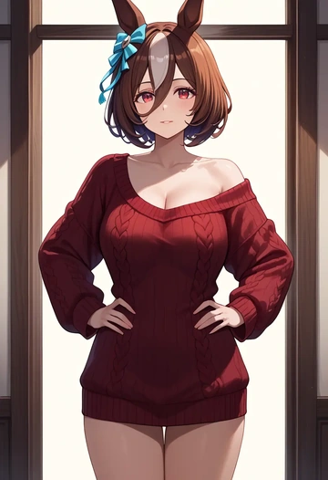 umamusume,kitasan_black_(umamusume),Hands on hips,off-shoulder,sweater  - AI generated anime art