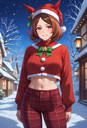 umamusume,kitasan_black_(umamusume),Christmas,plaid trousers  - AI generated anime art