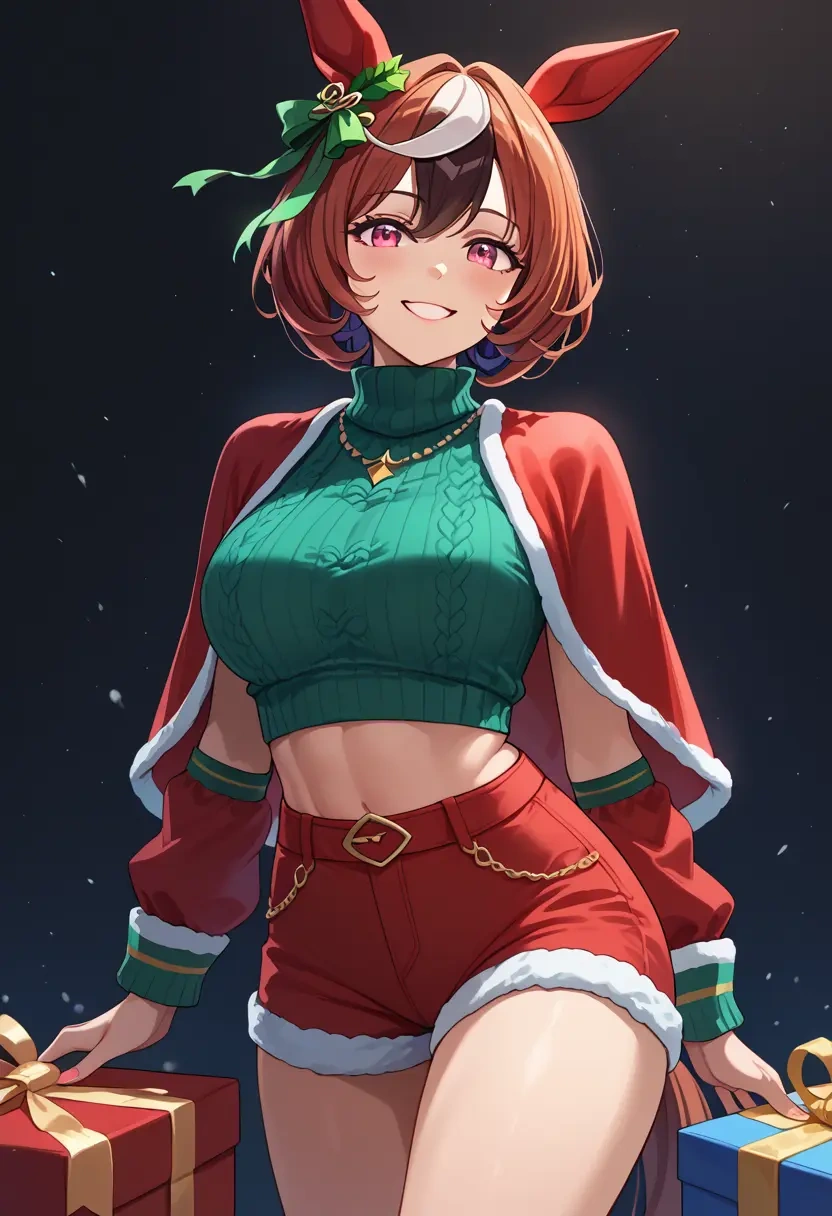 umamusume,kitasan_black_(umamusume),Christmas,red velvet shorts,turtleneck sweater  - 