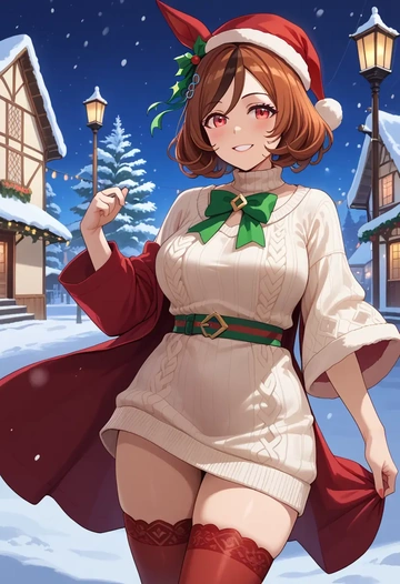 umamusume,kitasan_black_(umamusume),Christmas,sweater dress,stockings  - AI generated anime art