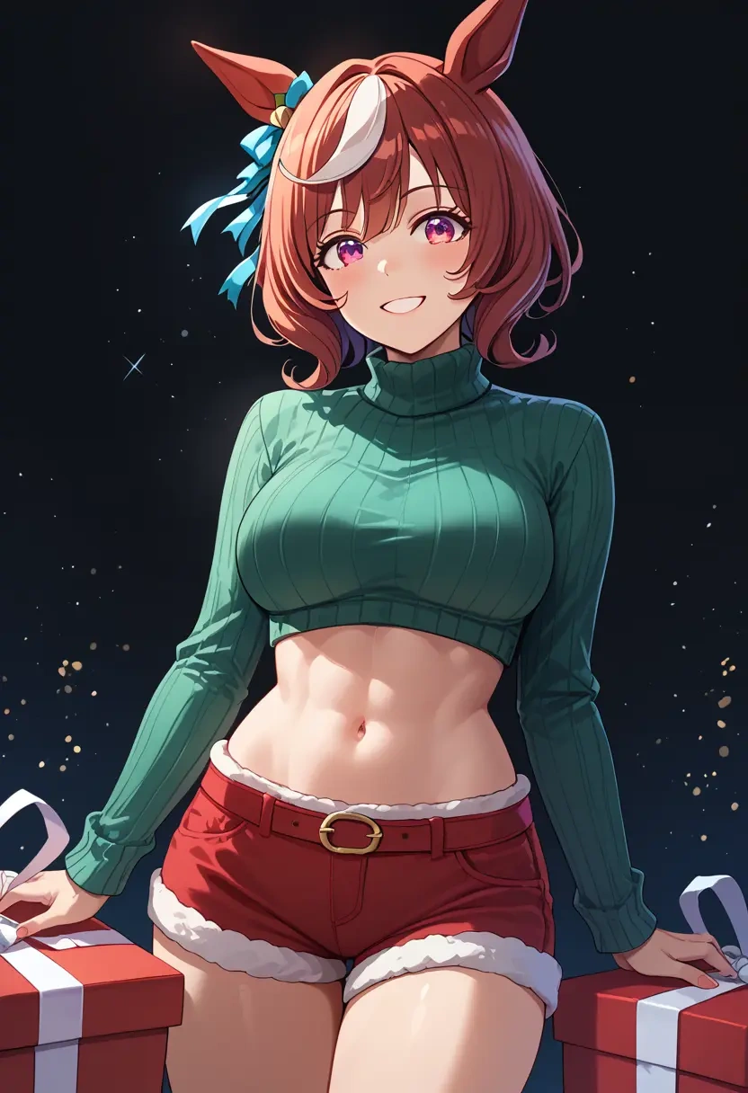 umamusume,kitasan_black_(umamusume),Christmas,red velvet shorts,turtleneck sweater  - 