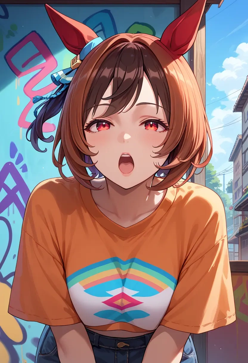 umamusume,kitasan_black_(umamusume),cropped graffiti sweatshirt,dolphin shorts  - 